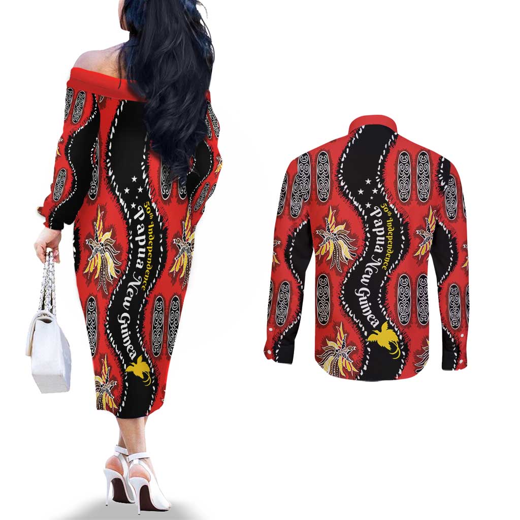 Papua New Guinea 50th Independence Couples Matching Off The Shoulder Long Sleeve Dress and Long Sleeve Button Shirt PNG Batik Pattern LT01 - Polynesian Pride