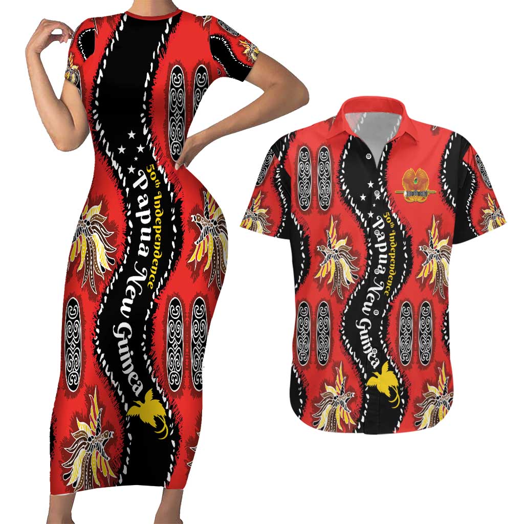 Papua New Guinea 50th Independence Couples Matching Short Sleeve Bodycon Dress and Hawaiian Shirt PNG Batik Pattern LT01 Red - Polynesian Pride