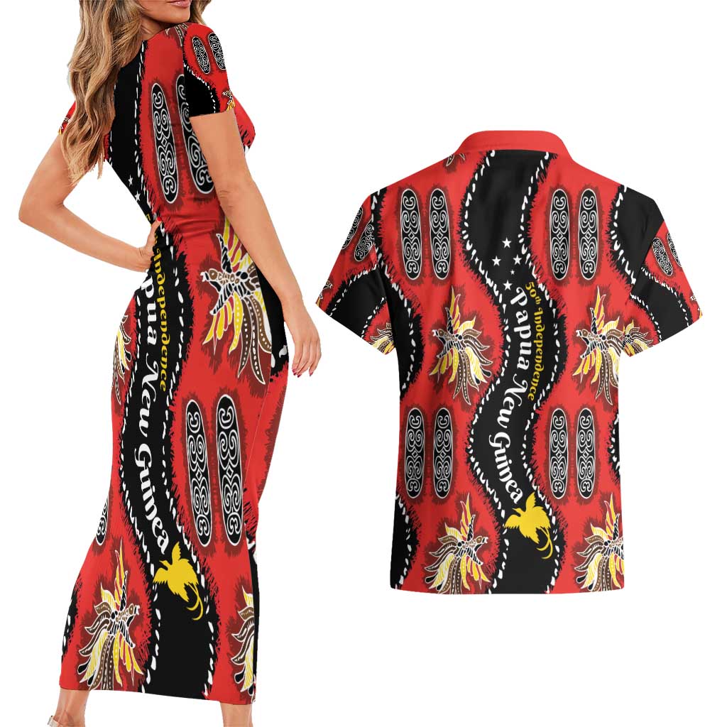 Papua New Guinea 50th Independence Couples Matching Short Sleeve Bodycon Dress and Hawaiian Shirt PNG Batik Pattern LT01 - Polynesian Pride