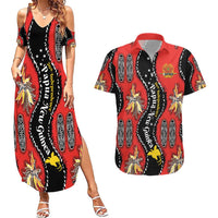 Papua New Guinea 50th Independence Couples Matching Summer Maxi Dress and Hawaiian Shirt PNG Batik Pattern LT01 Red - Polynesian Pride