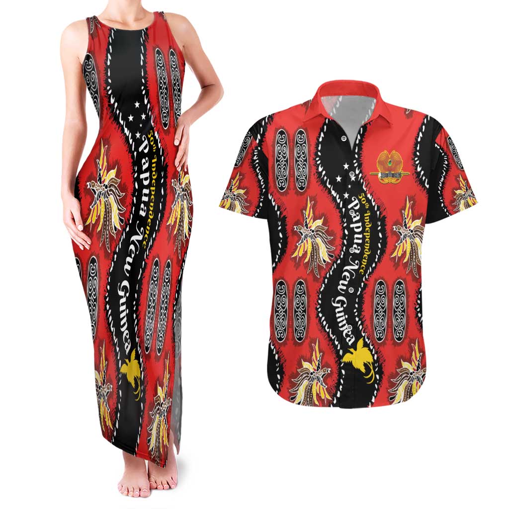 Papua New Guinea 50th Independence Couples Matching Tank Maxi Dress and Hawaiian Shirt PNG Batik Pattern LT01 Red - Polynesian Pride