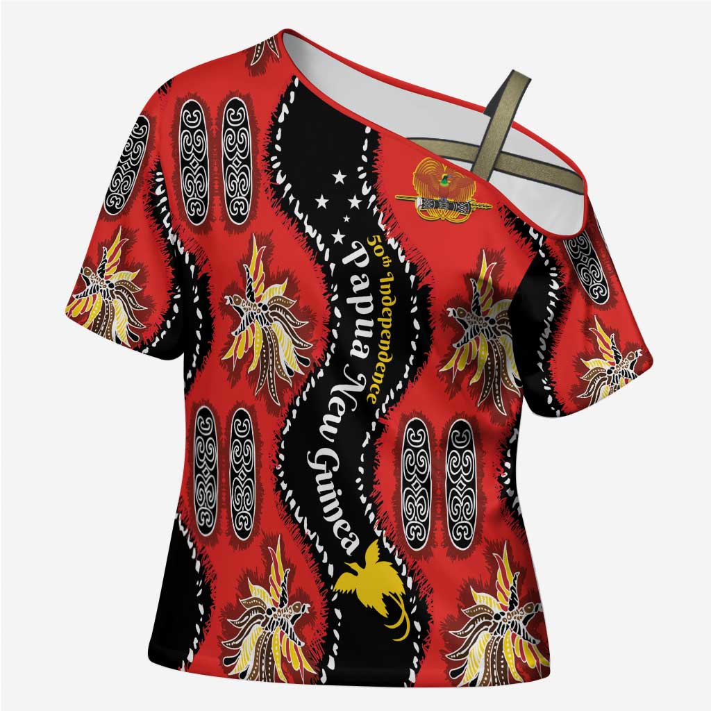 Papua New Guinea 50th Independence Cross Shoulder Shirt PNG Batik Pattern LT01 Female Red - Polynesian Pride