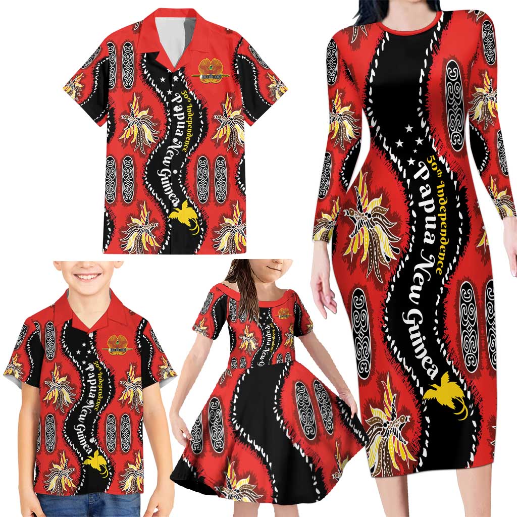 Papua New Guinea 50th Independence Family Matching Long Sleeve Bodycon Dress and Hawaiian Shirt PNG Batik Pattern LT01 - Polynesian Pride