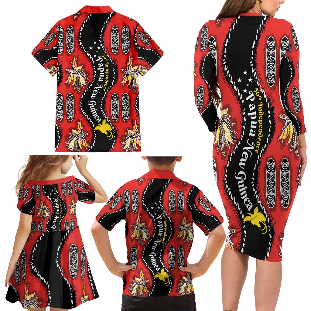 Papua New Guinea 50th Independence Family Matching Long Sleeve Bodycon Dress and Hawaiian Shirt PNG Batik Pattern LT01 - Polynesian Pride