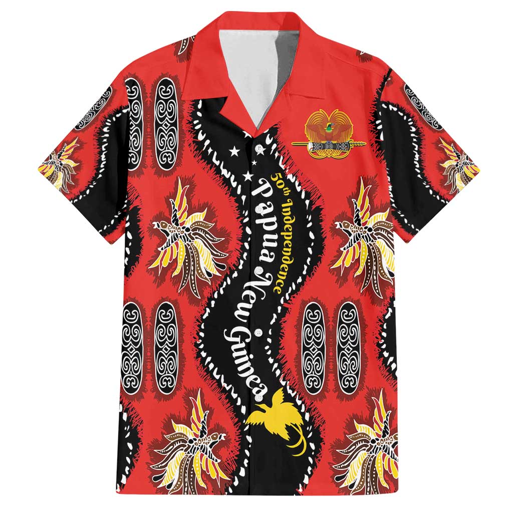 Papua New Guinea 50th Independence Family Matching Off Shoulder Maxi Dress and Hawaiian Shirt PNG Batik Pattern LT01 Dad's Shirt - Short Sleeve Red - Polynesian Pride