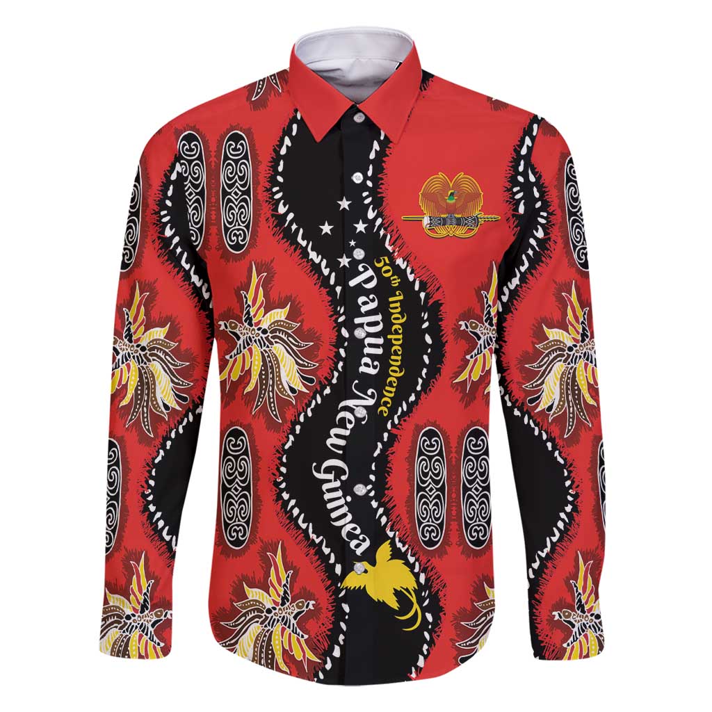 Papua New Guinea 50th Independence Family Matching Off Shoulder Maxi Dress and Hawaiian Shirt PNG Batik Pattern LT01 Dad's Shirt - Long Sleeve Red - Polynesian Pride