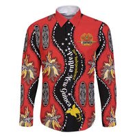 Papua New Guinea 50th Independence Family Matching Off Shoulder Maxi Dress and Hawaiian Shirt PNG Batik Pattern LT01 Dad's Shirt - Long Sleeve Red - Polynesian Pride