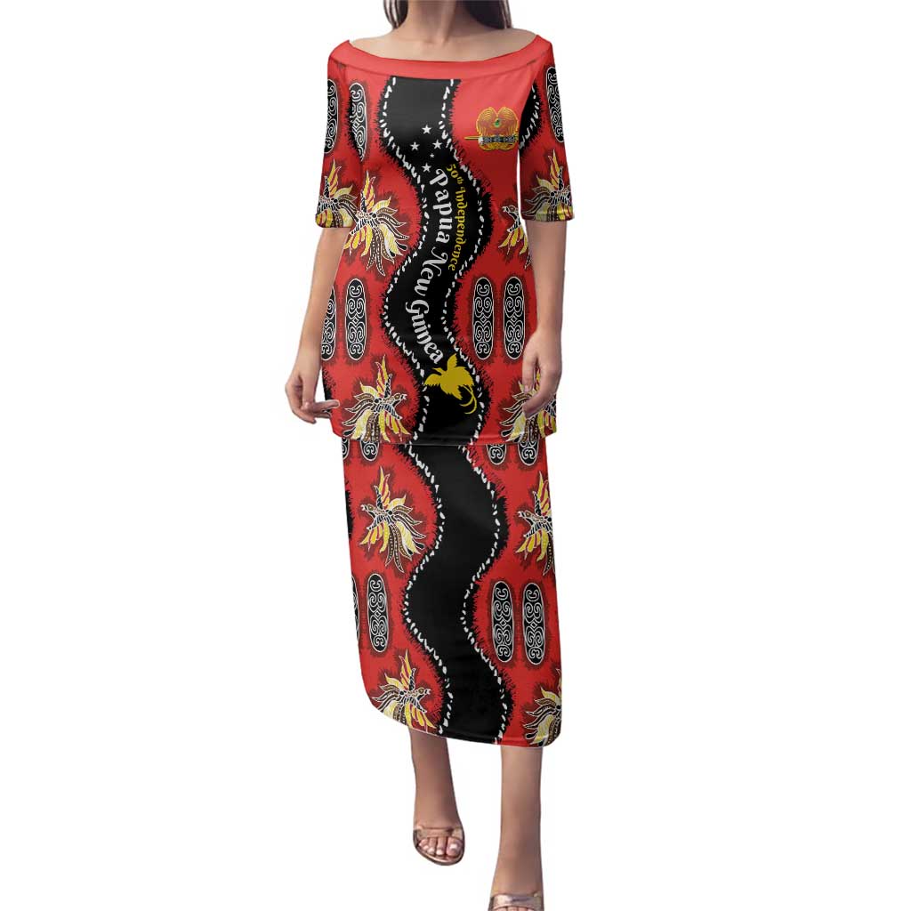 Papua New Guinea 50th Independence Family Matching Puletasi and Hawaiian Shirt PNG Batik Pattern LT01 Mom's Dress Red - Polynesian Pride