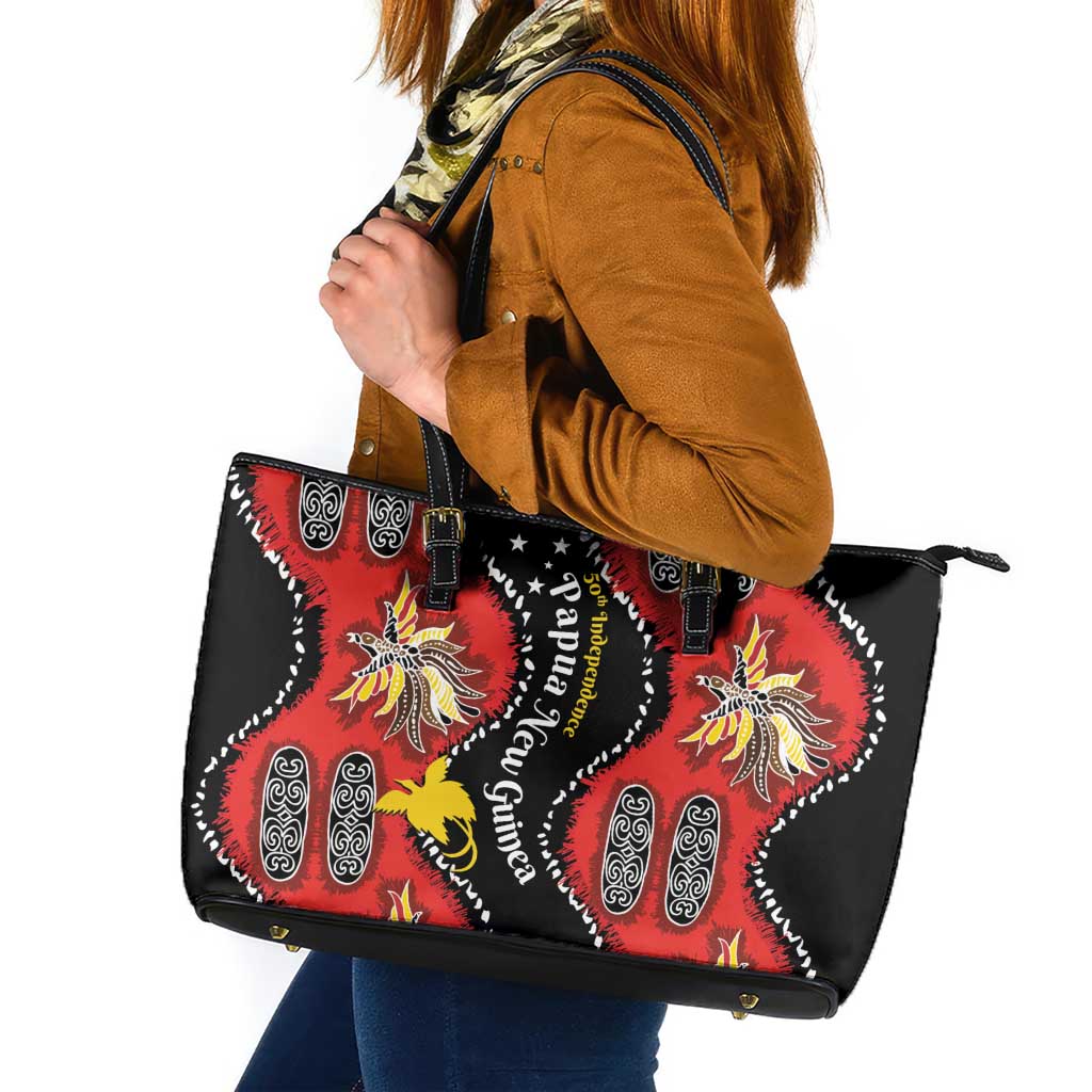 Papua New Guinea 50th Independence Leather Tote Bag PNG Batik Pattern LT01 Red - Polynesian Pride
