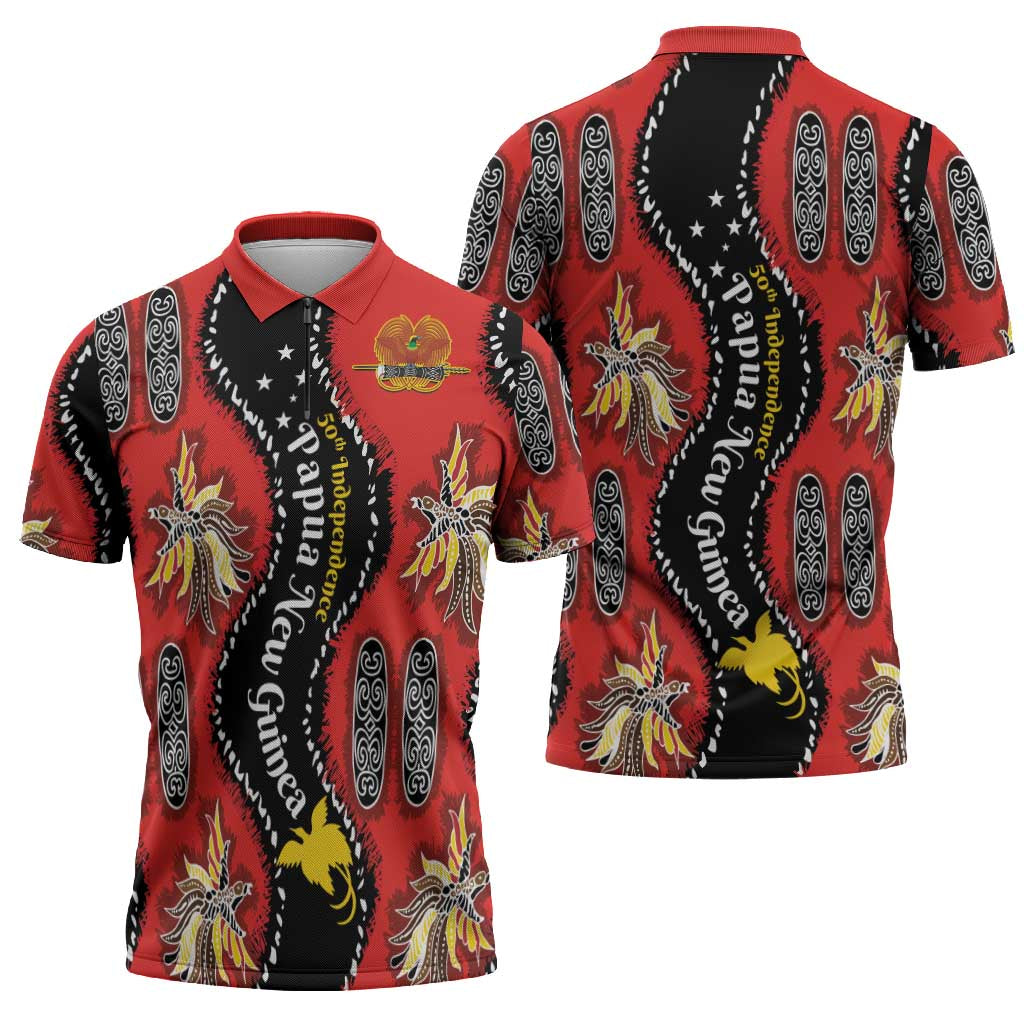 Papua New Guinea 50th Independence Zipper Polo Shirt PNG Batik Pattern - Polynesian Pride