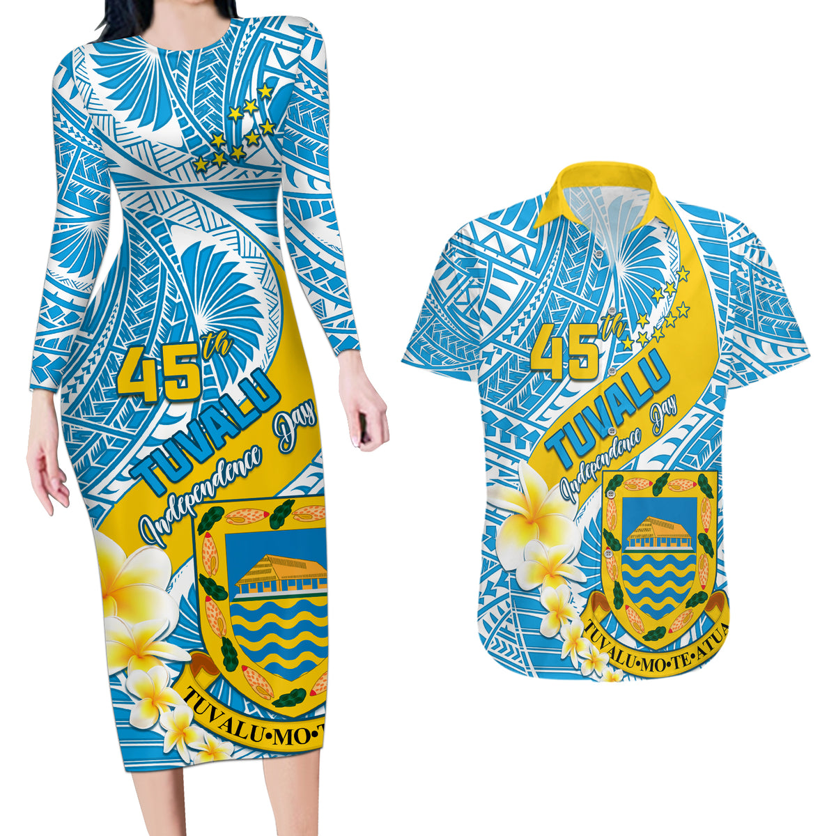 Personalised Tuvalu Independence Day Couples Matching Long Sleeve Bodycon Dress and Hawaiian Shirt Plumeria 45th Anniversary LT01 Blue - Polynesian Pride