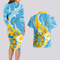 Personalised Tuvalu Independence Day Couples Matching Long Sleeve Bodycon Dress and Hawaiian Shirt Plumeria 45th Anniversary LT01 - Polynesian Pride