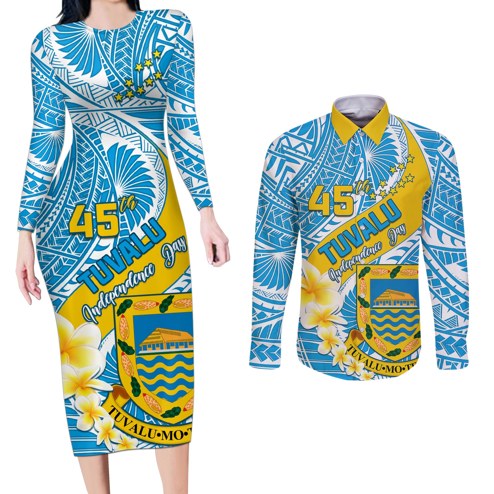 personalised-tuvalu-independence-day-couples-matching-long-sleeve-bodycon-dress-and-long-sleeve-button-shirts-plumeria-45th-anniversary
