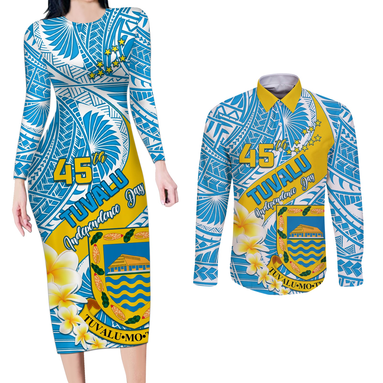 personalised-tuvalu-independence-day-couples-matching-long-sleeve-bodycon-dress-and-long-sleeve-button-shirts-plumeria-45th-anniversary