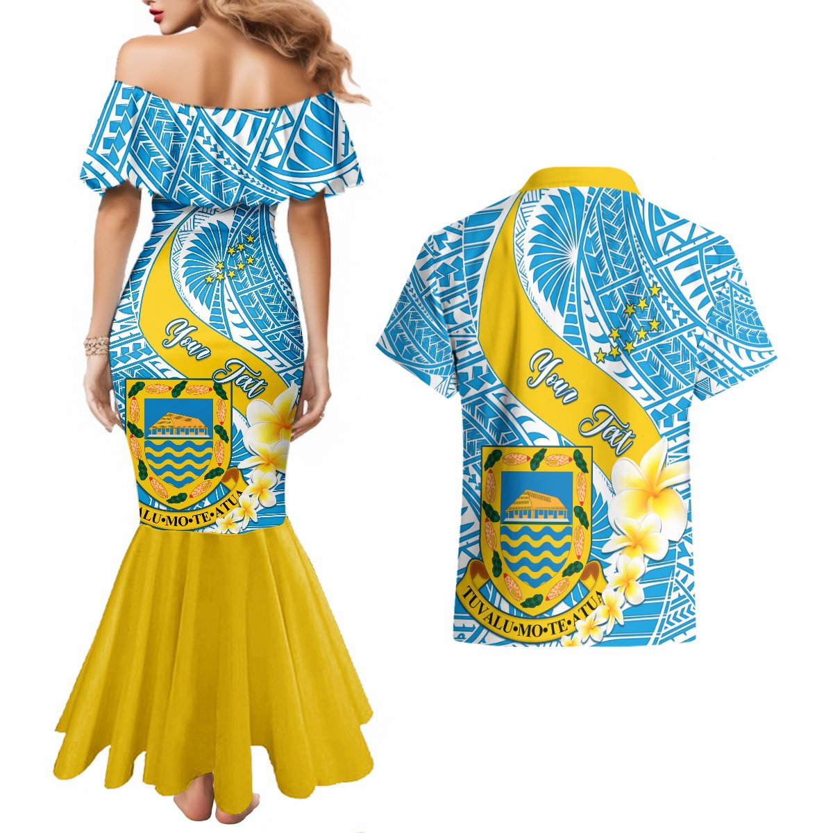Personalised Tuvalu Independence Day Couples Matching Mermaid Dress and Hawaiian Shirt Plumeria 45th Anniversary LT01 - Polynesian Pride
