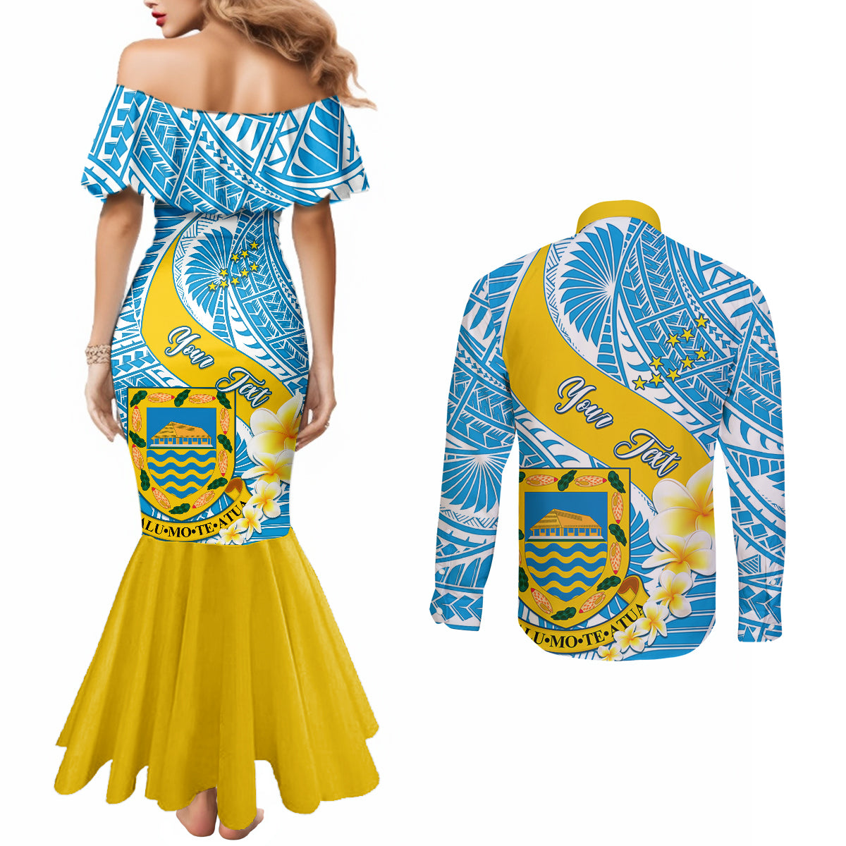 personalised-tuvalu-independence-day-couples-matching-mermaid-dress-and-long-sleeve-button-shirts-plumeria-45th-anniversary