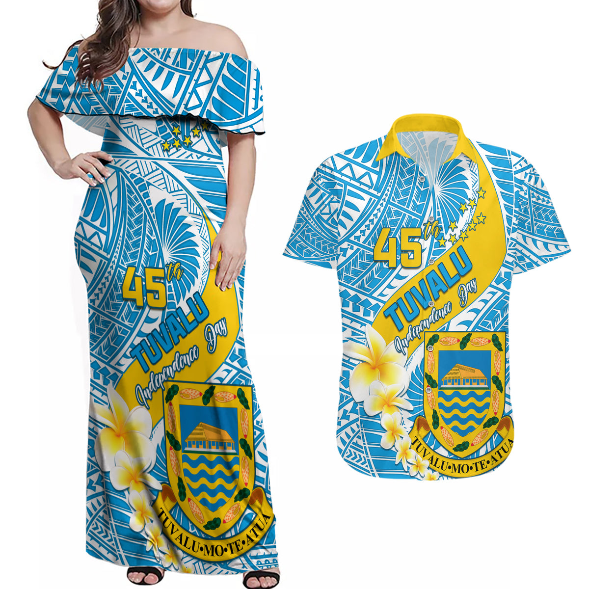 personalised-tuvalu-independence-day-couples-matching-off-shoulder-maxi-dress-and-hawaiian-shirt-plumeria-45th-anniversary