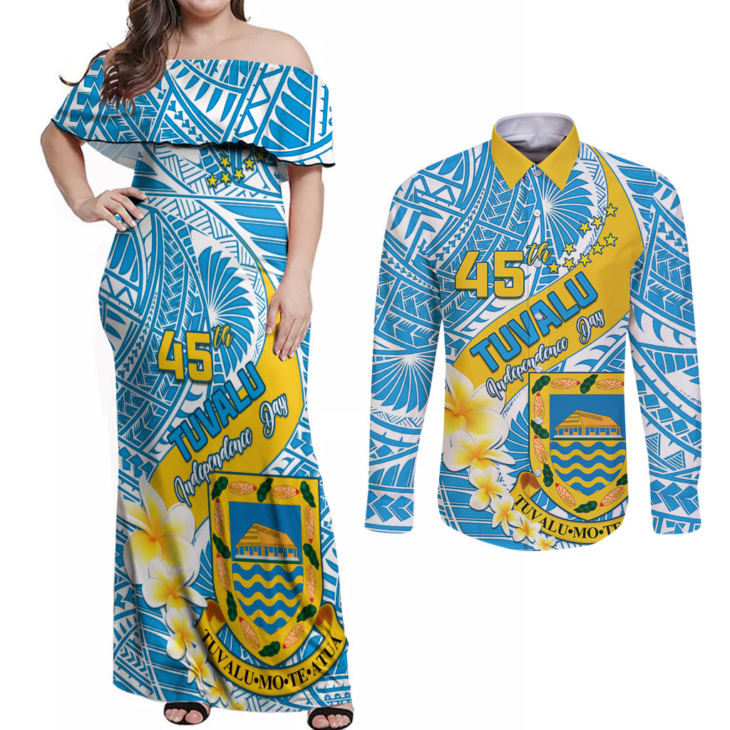 personalised-tuvalu-independence-day-couples-matching-off-shoulder-maxi-dress-and-long-sleeve-button-shirts-plumeria-45th-anniversary