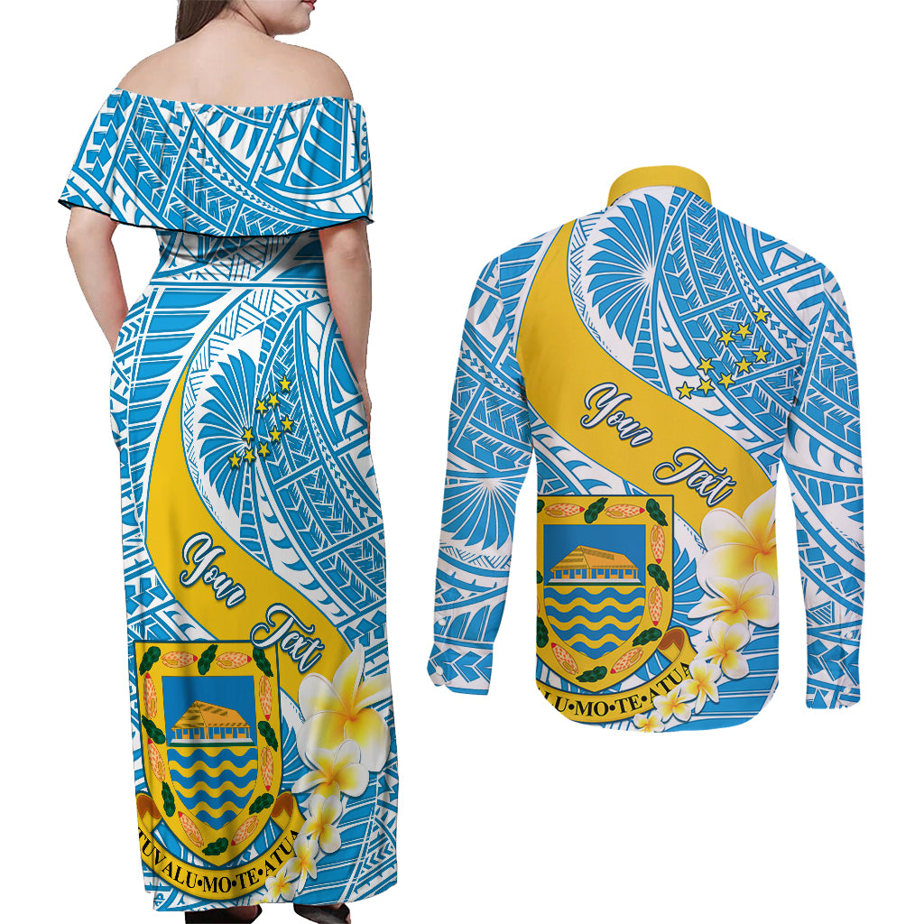 personalised-tuvalu-independence-day-couples-matching-off-shoulder-maxi-dress-and-long-sleeve-button-shirts-plumeria-45th-anniversary
