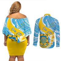 personalised-tuvalu-independence-day-couples-matching-off-shoulder-short-dress-and-long-sleeve-button-shirts-plumeria-45th-anniversary