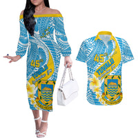 Personalised Tuvalu Independence Day Couples Matching Off The Shoulder Long Sleeve Dress and Hawaiian Shirt Plumeria 45th Anniversary LT01 Blue - Polynesian Pride