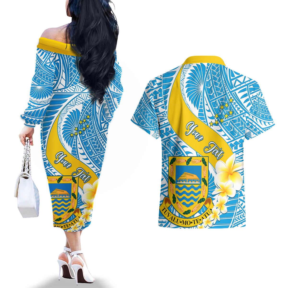 Personalised Tuvalu Independence Day Couples Matching Off The Shoulder Long Sleeve Dress and Hawaiian Shirt Plumeria 45th Anniversary LT01 - Polynesian Pride