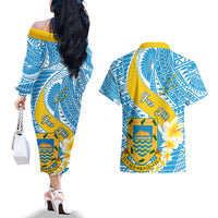 Personalised Tuvalu Independence Day Couples Matching Off The Shoulder Long Sleeve Dress and Hawaiian Shirt Plumeria 45th Anniversary LT01 - Polynesian Pride