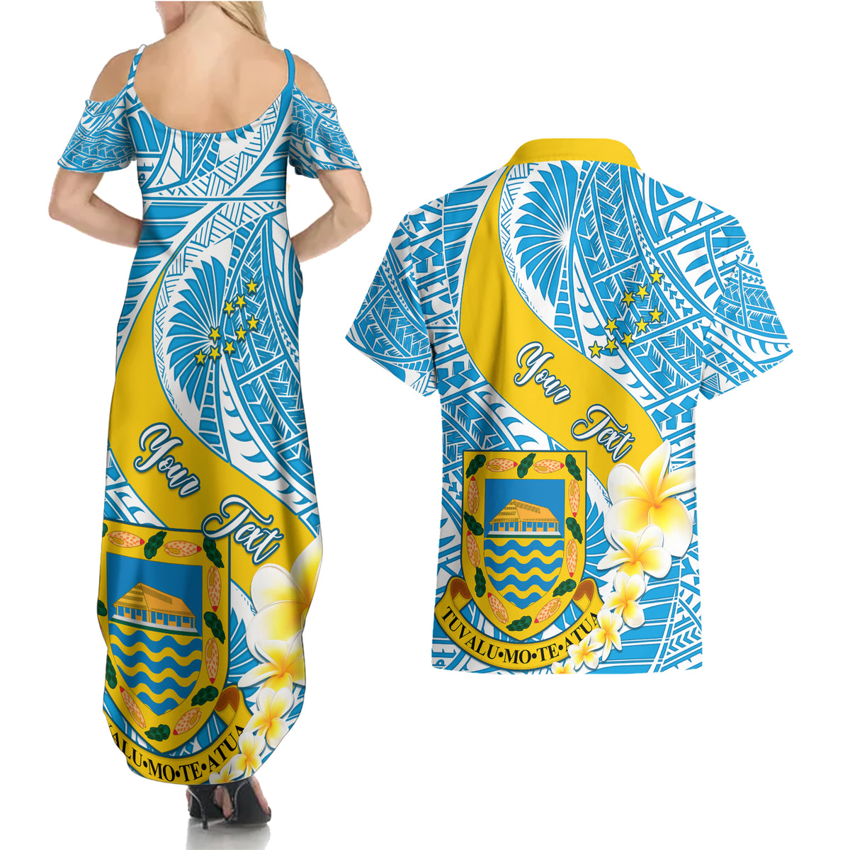 personalised-tuvalu-independence-day-couples-matching-summer-maxi-dress-and-hawaiian-shirt-plumeria-45th-anniversary