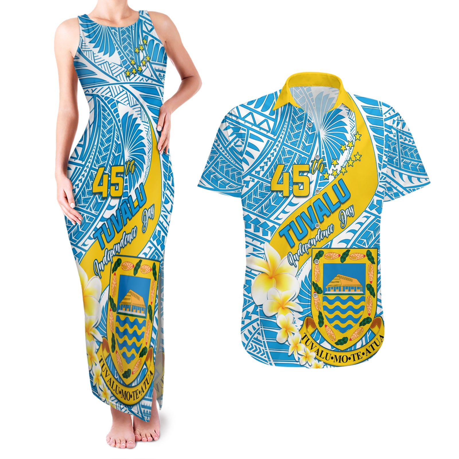 personalised-tuvalu-independence-day-couples-matching-tank-maxi-dress-and-hawaiian-shirt-plumeria-45th-anniversary