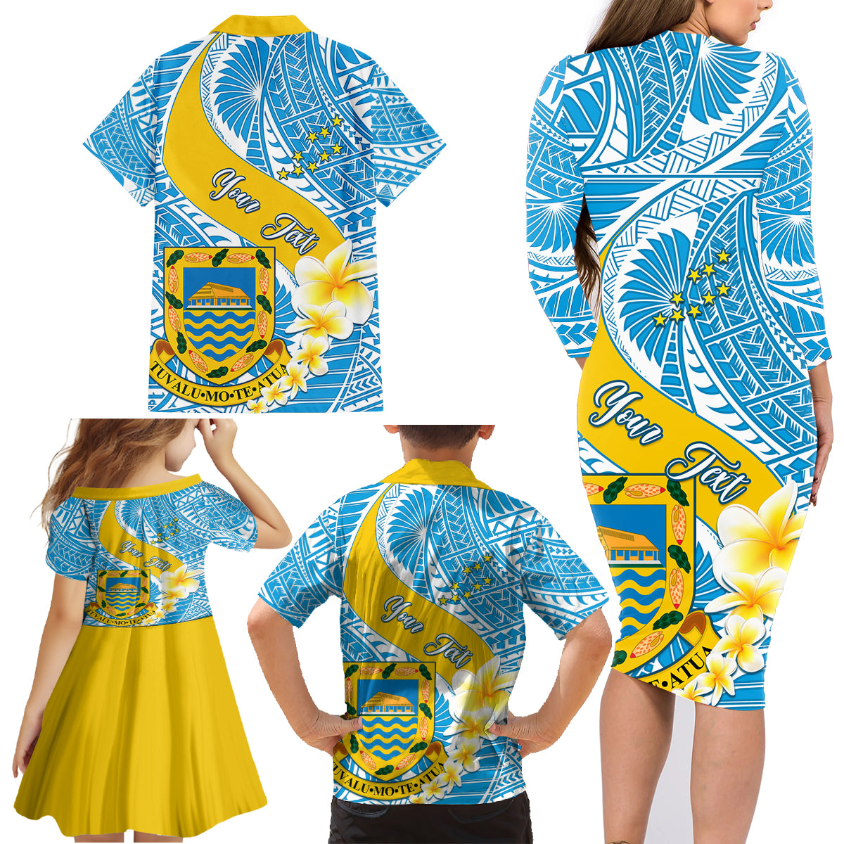 Personalised Tuvalu Independence Day Family Matching Long Sleeve Bodycon Dress and Hawaiian Shirt Plumeria 45th Anniversary LT01 - Polynesian Pride
