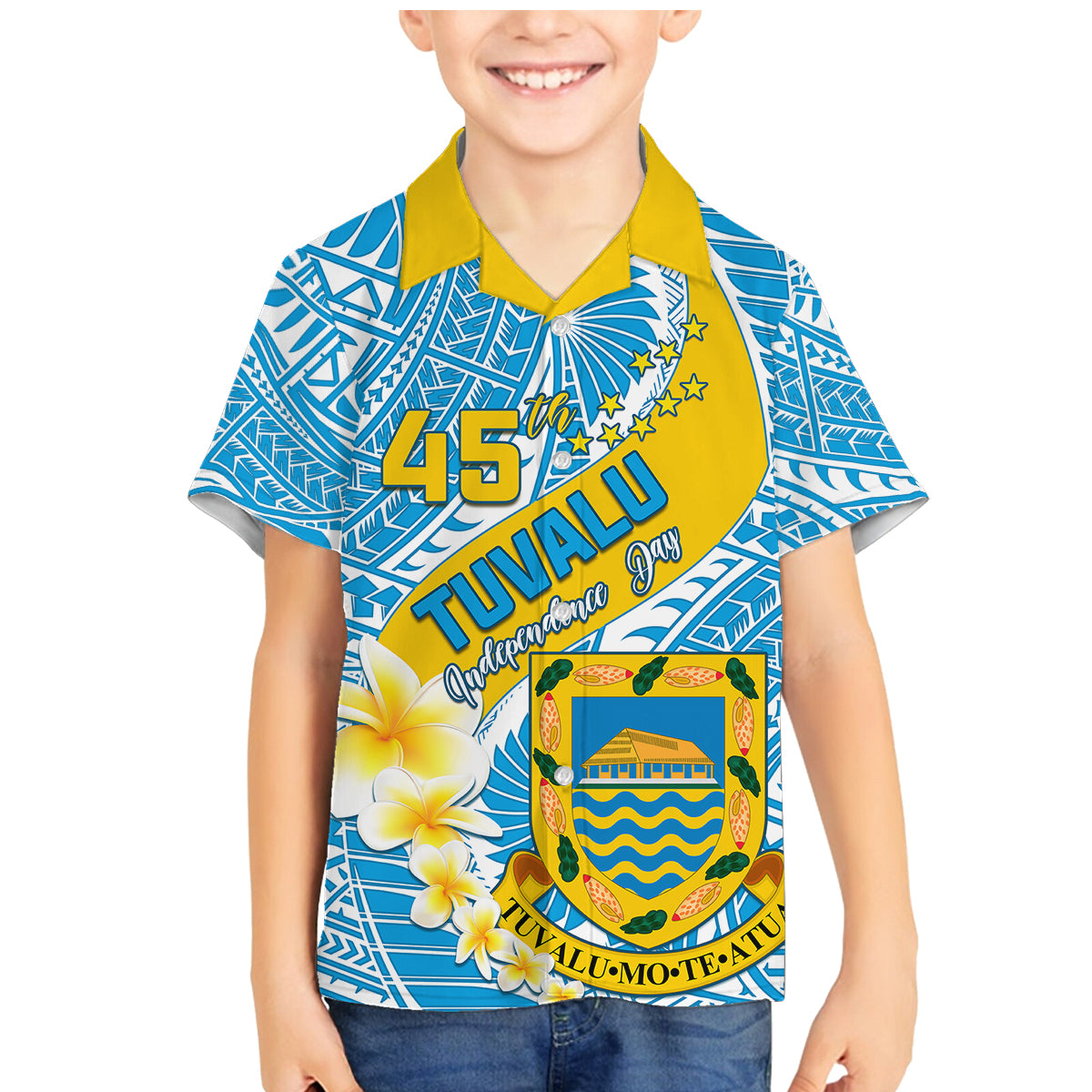 Personalised Tuvalu Independence Day Family Matching Mermaid Dress and Hawaiian Shirt Plumeria 45th Anniversary LT01 Son's Shirt Blue - Polynesian Pride