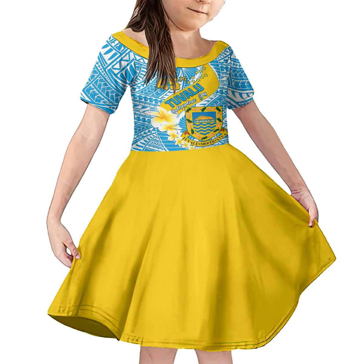 Personalised Tuvalu Independence Day Family Matching Off Shoulder Long Sleeve Dress and Hawaiian Shirt Plumeria 45th Anniversary LT01 Daughter's Dress Blue - Polynesian Pride