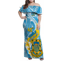 Personalised Tuvalu Independence Day Family Matching Off Shoulder Maxi Dress and Hawaiian Shirt Plumeria 45th Anniversary LT01 Dad's Shirt - Long Sleeve Blue - Polynesian Pride