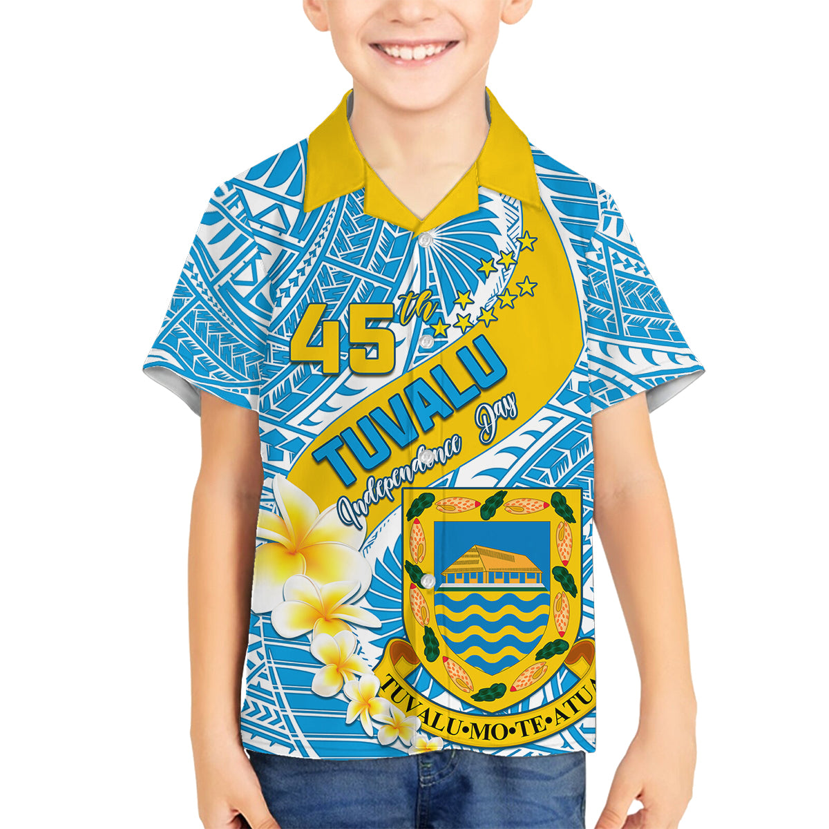 Personalised Tuvalu Independence Day Family Matching Off Shoulder Short Dress and Hawaiian Shirt Plumeria 45th Anniversary LT01 Son's Shirt Blue - Polynesian Pride
