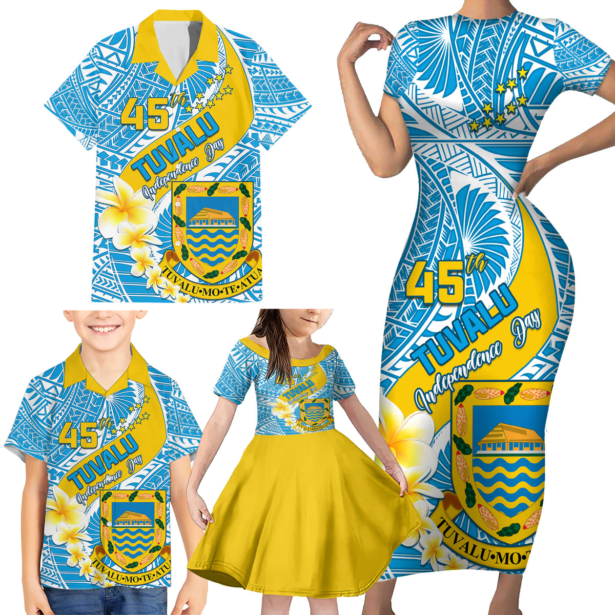 Personalised Tuvalu Independence Day Family Matching Short Sleeve Bodycon Dress and Hawaiian Shirt Plumeria 45th Anniversary LT01 - Polynesian Pride