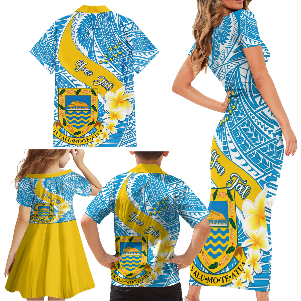 Personalised Tuvalu Independence Day Family Matching Short Sleeve Bodycon Dress and Hawaiian Shirt Plumeria 45th Anniversary LT01 - Polynesian Pride