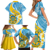 Personalised Tuvalu Independence Day Family Matching Short Sleeve Bodycon Dress and Hawaiian Shirt Plumeria 45th Anniversary LT01 - Polynesian Pride