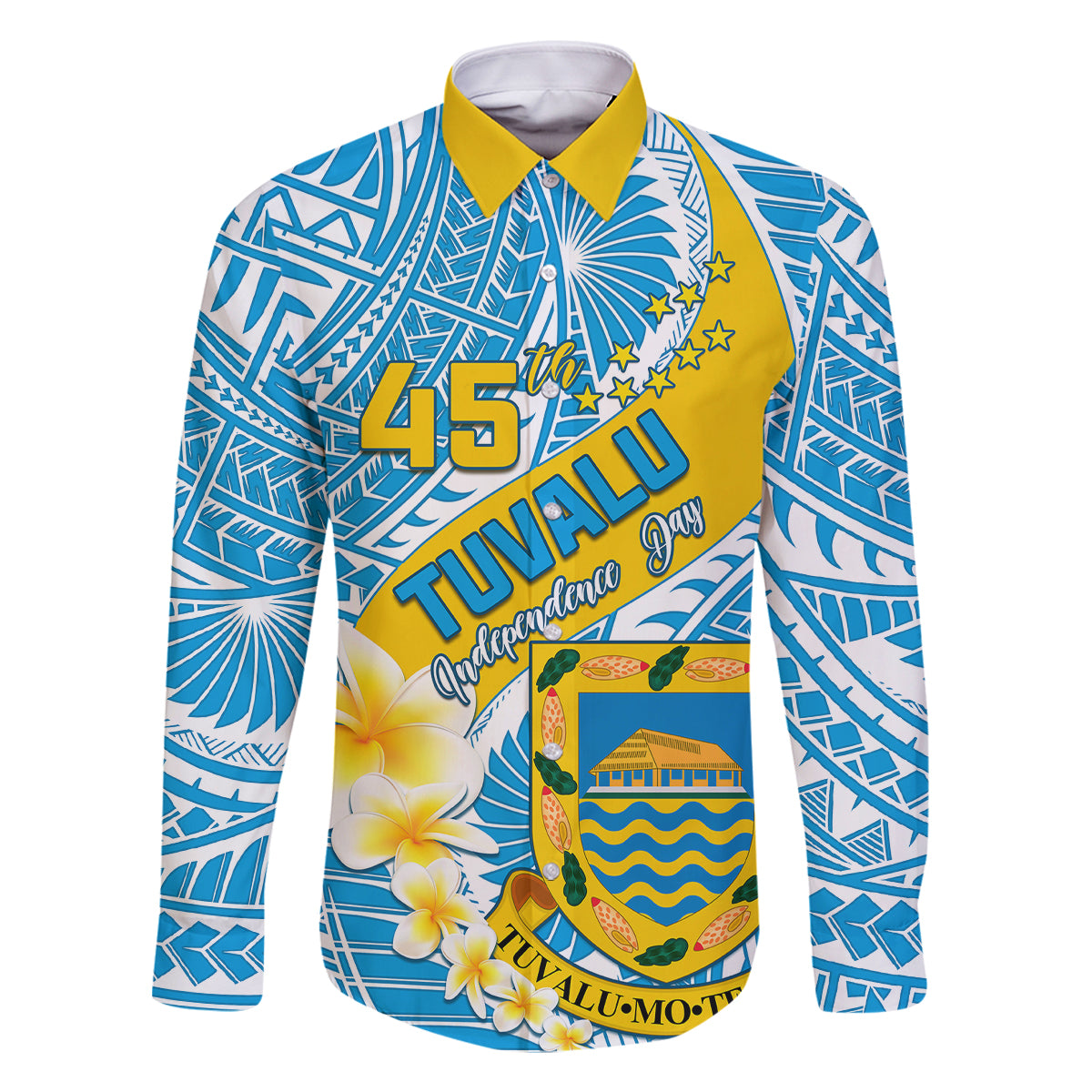 Personalised Tuvalu Independence Day Family Matching Summer Maxi Dress and Hawaiian Shirt Plumeria 45th Anniversary LT01 Dad's Shirt - Long Sleeve Blue - Polynesian Pride