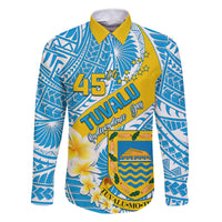 Personalised Tuvalu Independence Day Family Matching Summer Maxi Dress and Hawaiian Shirt Plumeria 45th Anniversary LT01 Dad's Shirt - Long Sleeve Blue - Polynesian Pride