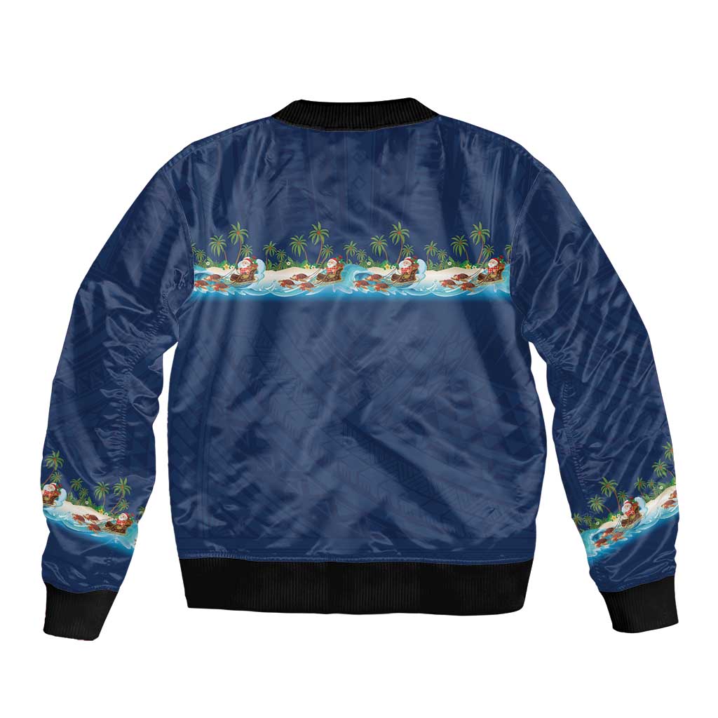 Hawaii Santa Riding Sea Turtle Bomber Jacket Mele Kalikimaka Polynesian Pattern - Polynesian Pride