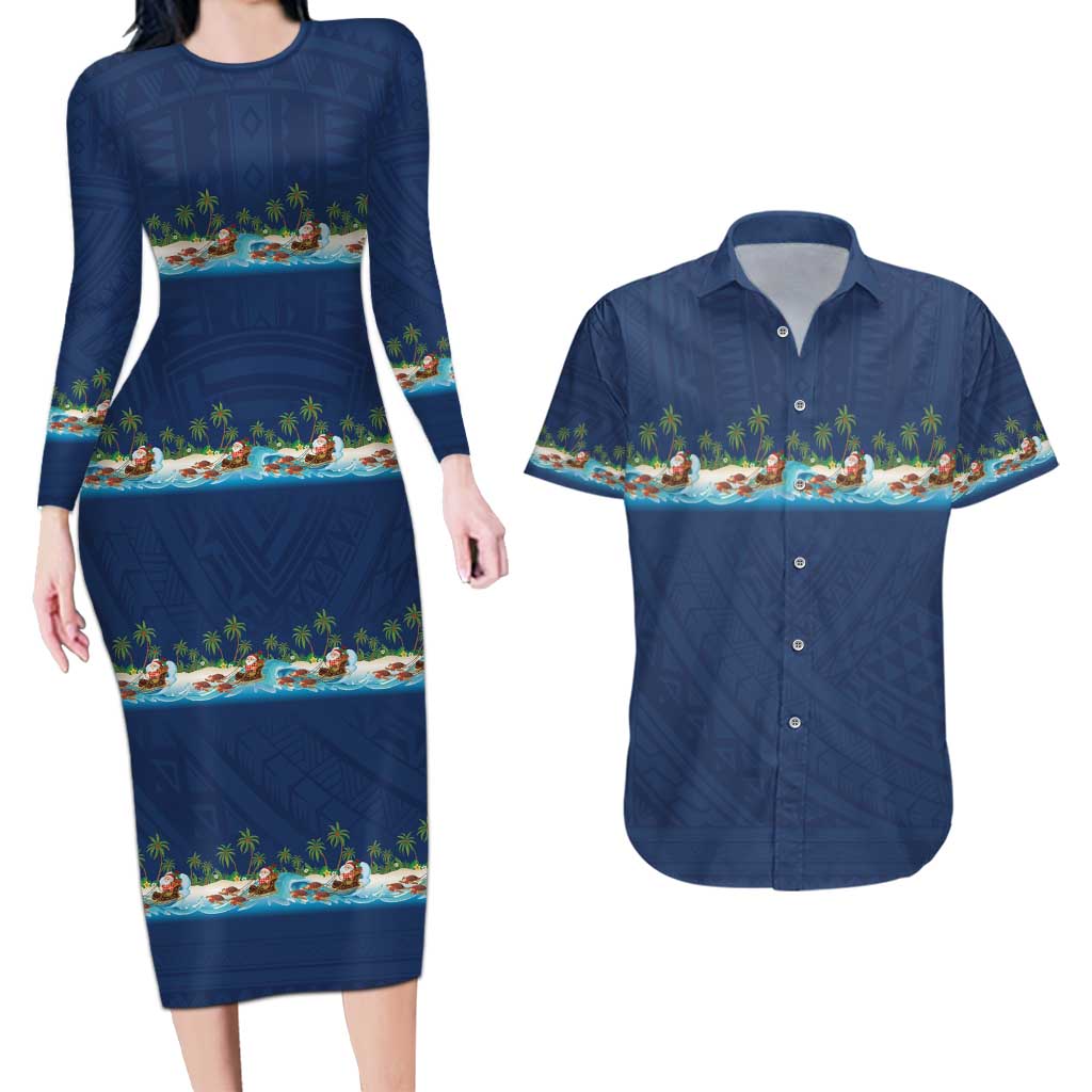 Hawaii Santa Riding Sea Turtle Couples Matching Long Sleeve Bodycon Dress and Hawaiian Shirt Mele Kalikimaka Polynesian Pattern LT01 Blue - Polynesian Pride