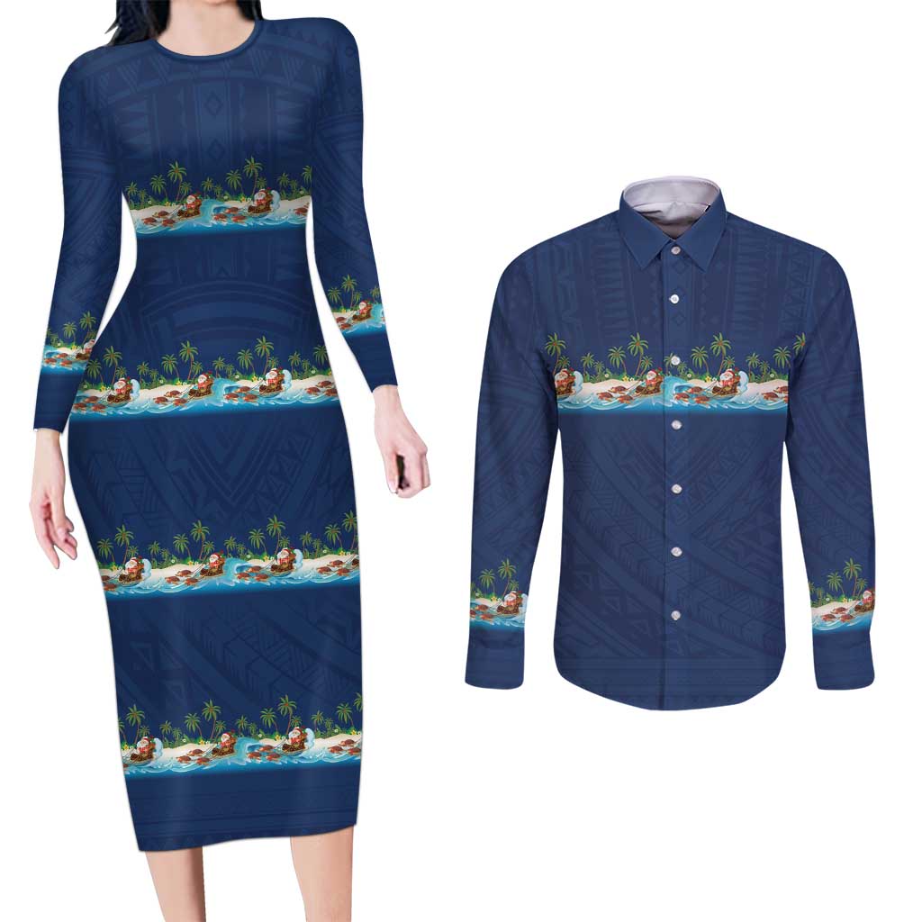Hawaii Santa Riding Sea Turtle Couples Matching Long Sleeve Bodycon Dress and Long Sleeve Button Shirt Mele Kalikimaka Polynesian Pattern LT01 Blue - Polynesian Pride