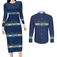 Hawaii Santa Riding Sea Turtle Couples Matching Long Sleeve Bodycon Dress and Long Sleeve Button Shirt Mele Kalikimaka Polynesian Pattern LT01 Blue - Polynesian Pride