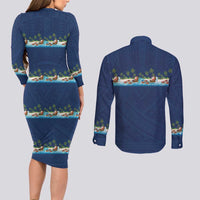 Hawaii Santa Riding Sea Turtle Couples Matching Long Sleeve Bodycon Dress and Long Sleeve Button Shirt Mele Kalikimaka Polynesian Pattern LT01 - Polynesian Pride