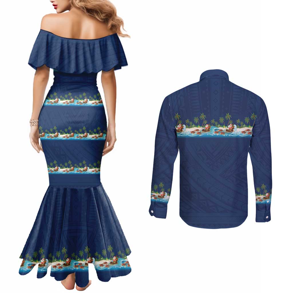 Hawaii Santa Riding Sea Turtle Couples Matching Mermaid Dress and Long Sleeve Button Shirt Mele Kalikimaka Polynesian Pattern - Polynesian Pride