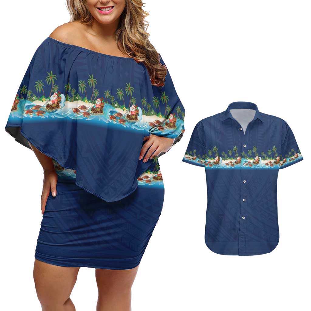 Hawaii Santa Riding Sea Turtle Couples Matching Off Shoulder Short Dress and Hawaiian Shirt Mele Kalikimaka Polynesian Pattern LT01 Blue - Polynesian Pride