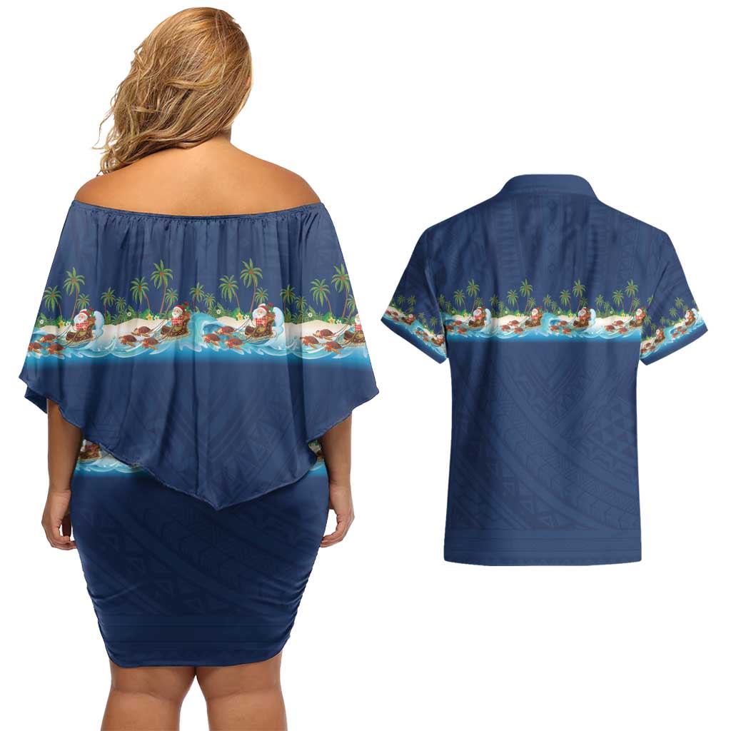 Hawaii Santa Riding Sea Turtle Couples Matching Off Shoulder Short Dress and Hawaiian Shirt Mele Kalikimaka Polynesian Pattern LT01 - Polynesian Pride