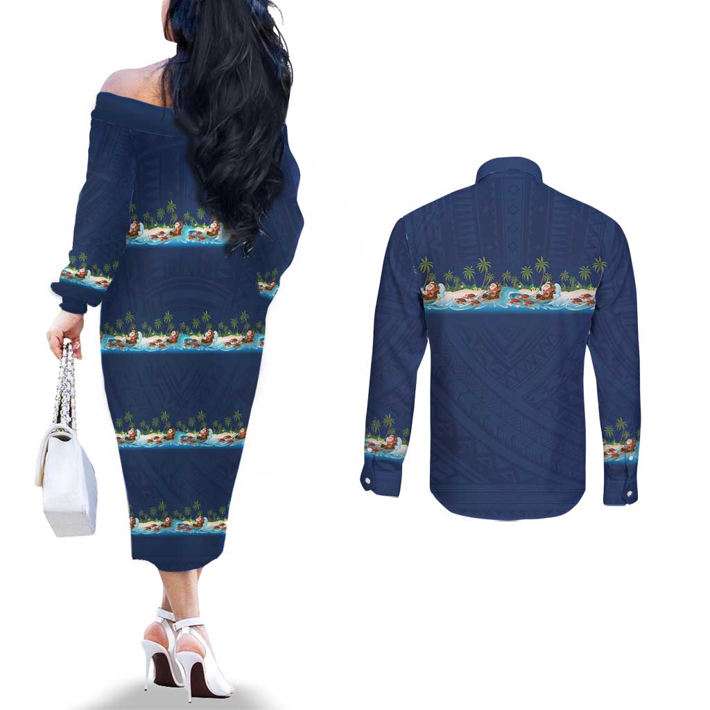 Hawaii Santa Riding Sea Turtle Couples Matching Off The Shoulder Long Sleeve Dress and Long Sleeve Button Shirt Mele Kalikimaka Polynesian Pattern LT01 - Polynesian Pride