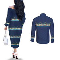 Hawaii Santa Riding Sea Turtle Couples Matching Off The Shoulder Long Sleeve Dress and Long Sleeve Button Shirt Mele Kalikimaka Polynesian Pattern LT01 - Polynesian Pride