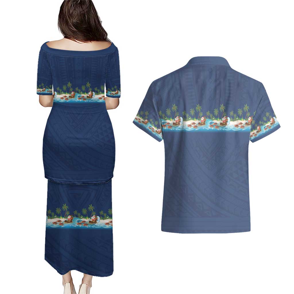 Hawaii Santa Riding Sea Turtle Couples Matching Puletasi and Hawaiian Shirt Mele Kalikimaka Polynesian Pattern - Polynesian Pride